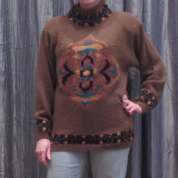 Vintage Oversized Geometric Chenille Olive Sweater - Picture 3 of 7